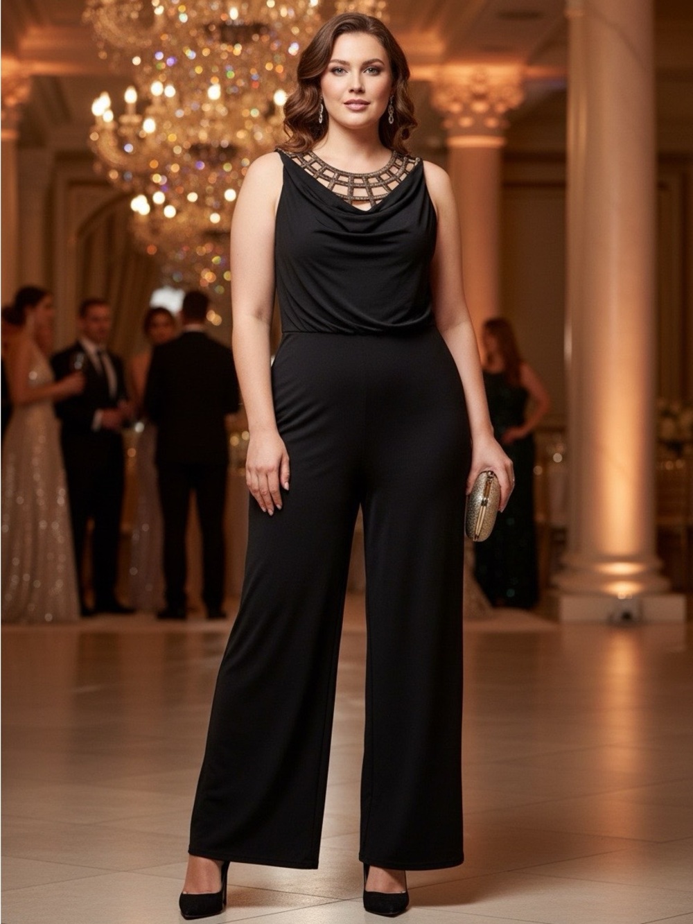 Elegant Black Sleeveless Jumpsuit with Neckline Detail